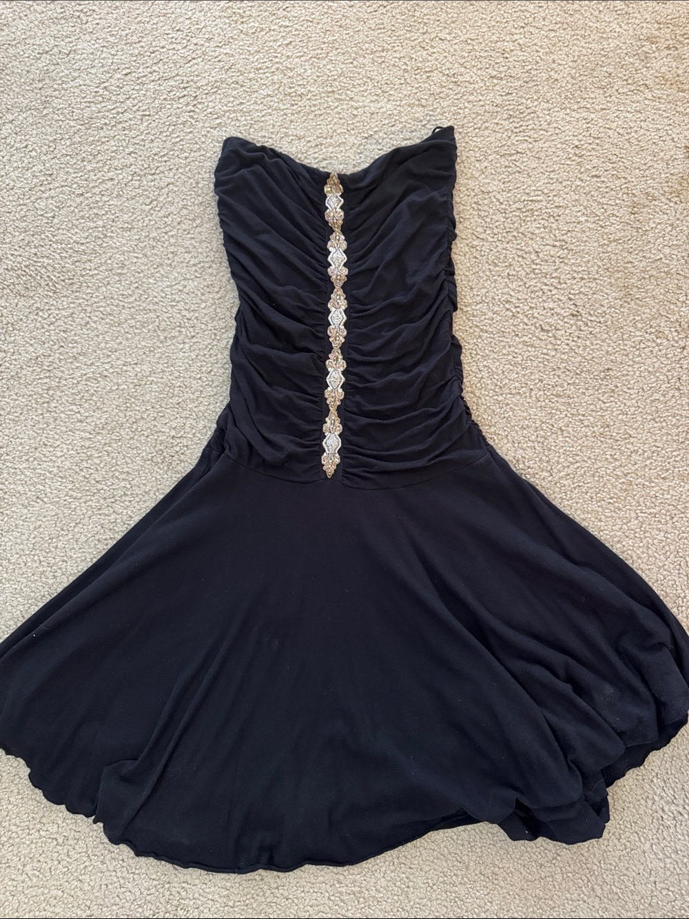 Velvet Black Strapless Ruched Cocktail Dress with Center Crystal Trim